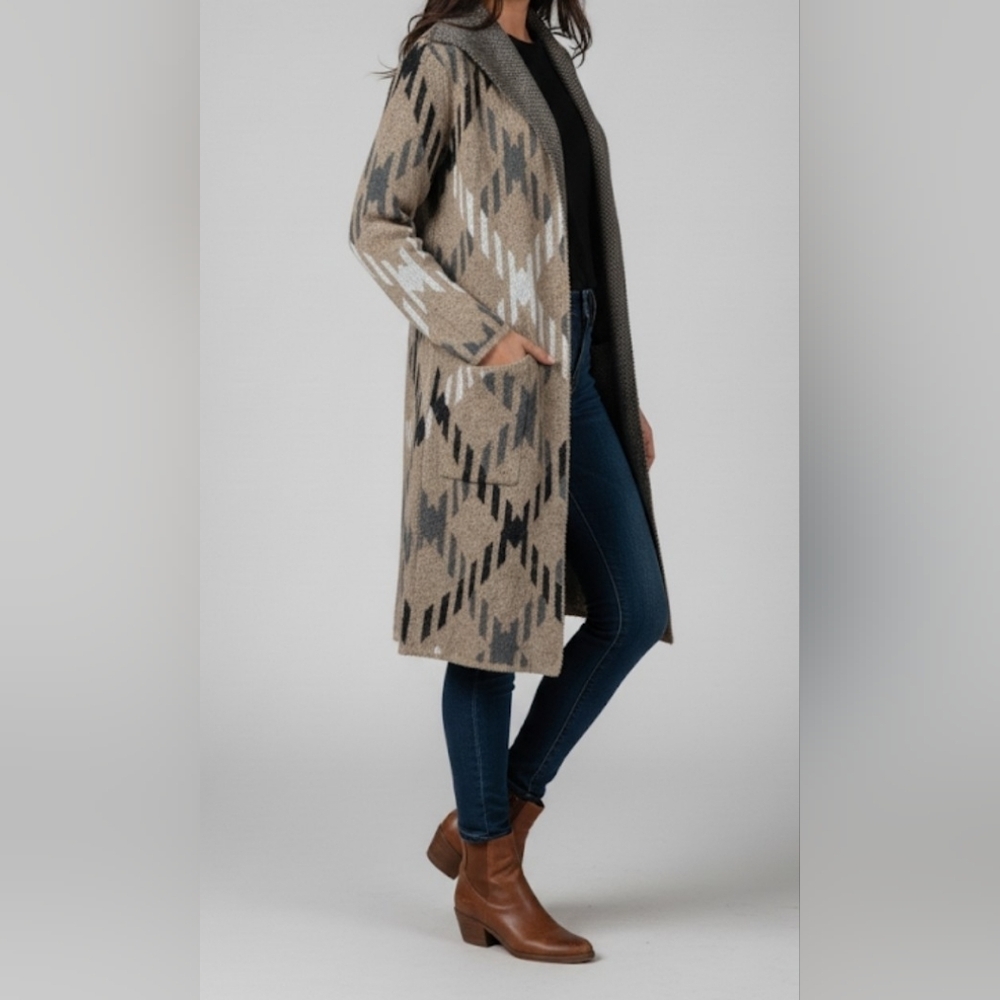 JOSEPH A. Drape Collar Print Maxi Cardigan Sweater Coat Tan Black White Grey S